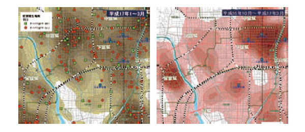 南区オートバイ盗発生状況（左）　南区空き巣発生状況（右）