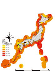 洋上風力発電用基礎マップの一部海岸域100kmの年平均風速（60m高）