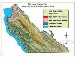 Monterey 郡における西ナイルウィルスリスクマップ