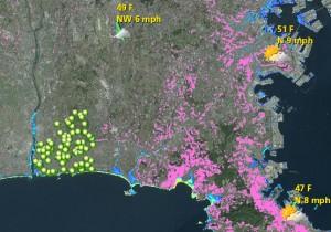津波浸水深推定（青）と土砂災害危険箇所（ピンク）およびリアルタイム気象情報のマッシュアップ