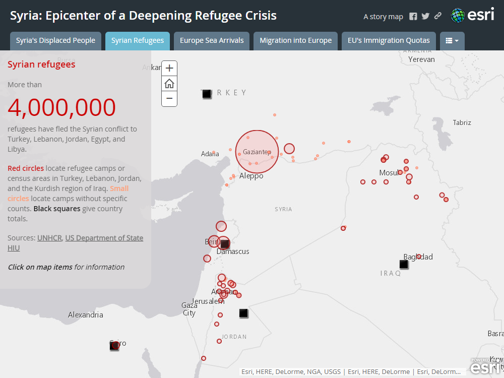 シリア難民マップ キャンプ 人数規模 流入ルート Esriジャパン