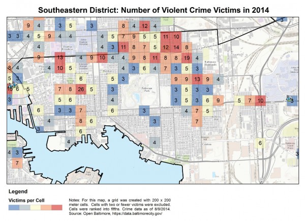 犯罪数をフィッシュネットマップでエリア比較。地域ごとの傾向が一目でわかる
