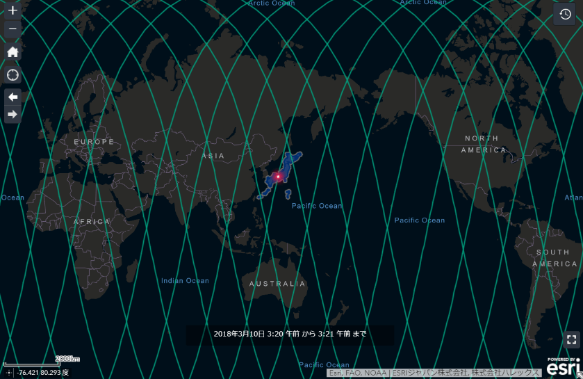 だいち (ALOS-2) の軌道と通過状況の可視化例