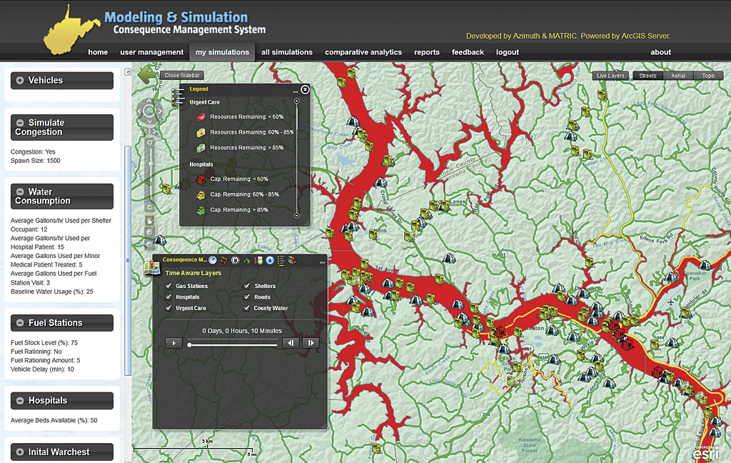 災害が起きた際に使用不能となる重要なインフラを突き止めるためモデリング＆シミュレーションシステムを使い作成された洪水氾濫マップ