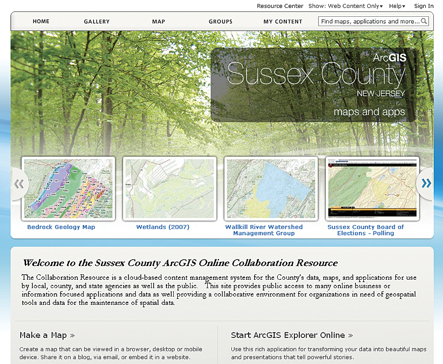 ArcGIS Onlineで作成されたサセックス郡のホームページ。