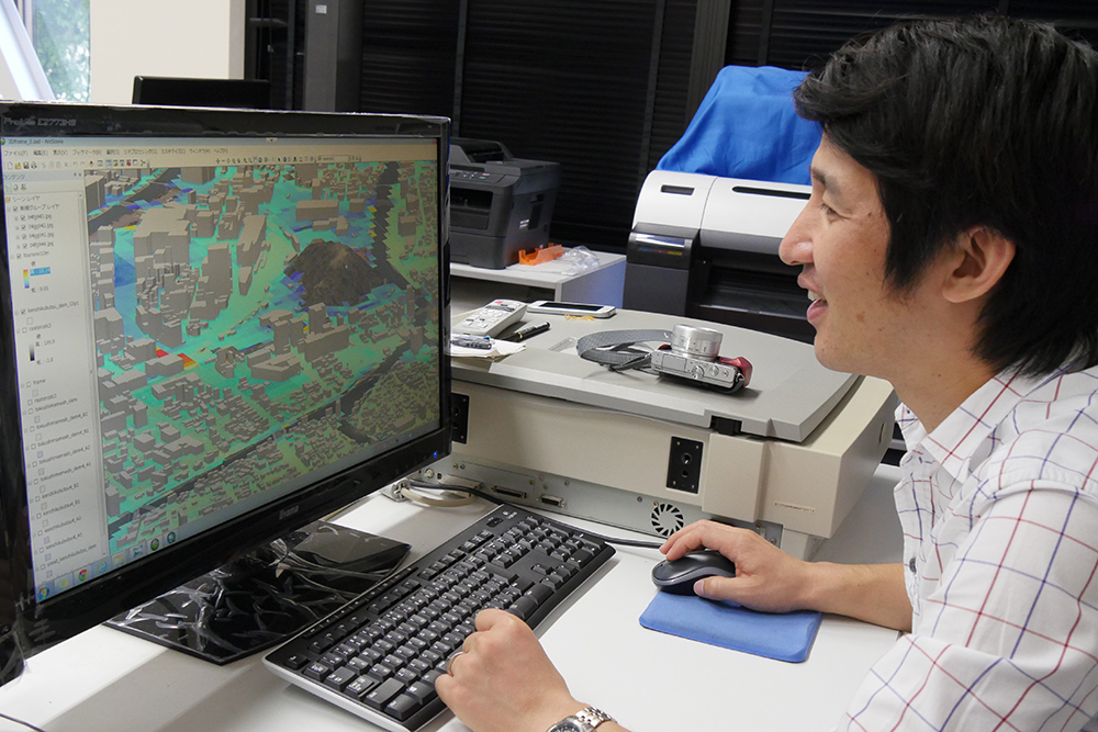 3次元データと津波浸水想定ハザードマップとの重ね合わせ