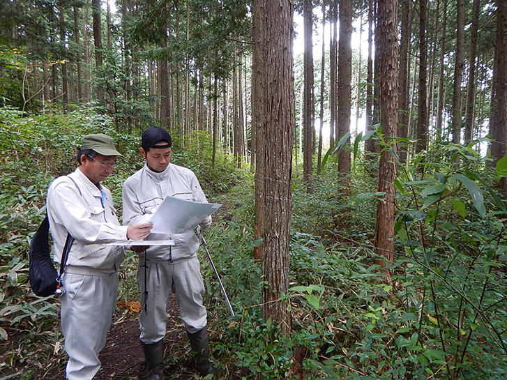 図面を用いた現地調査の様子