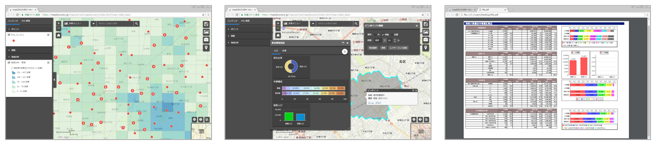 アイコンをクリックするだけで店舗データの取り込み、商圏の作成・分析、レポート出力までを、わずか数分で完了することができます。