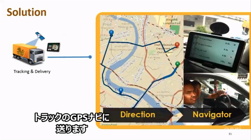 ② オフィスで計画した配送ルートをトラックのドライバーへ送信し、配送先店舗への順路を指示。さらに車両に搭載したブラックボックスで走行状況も追跡可能