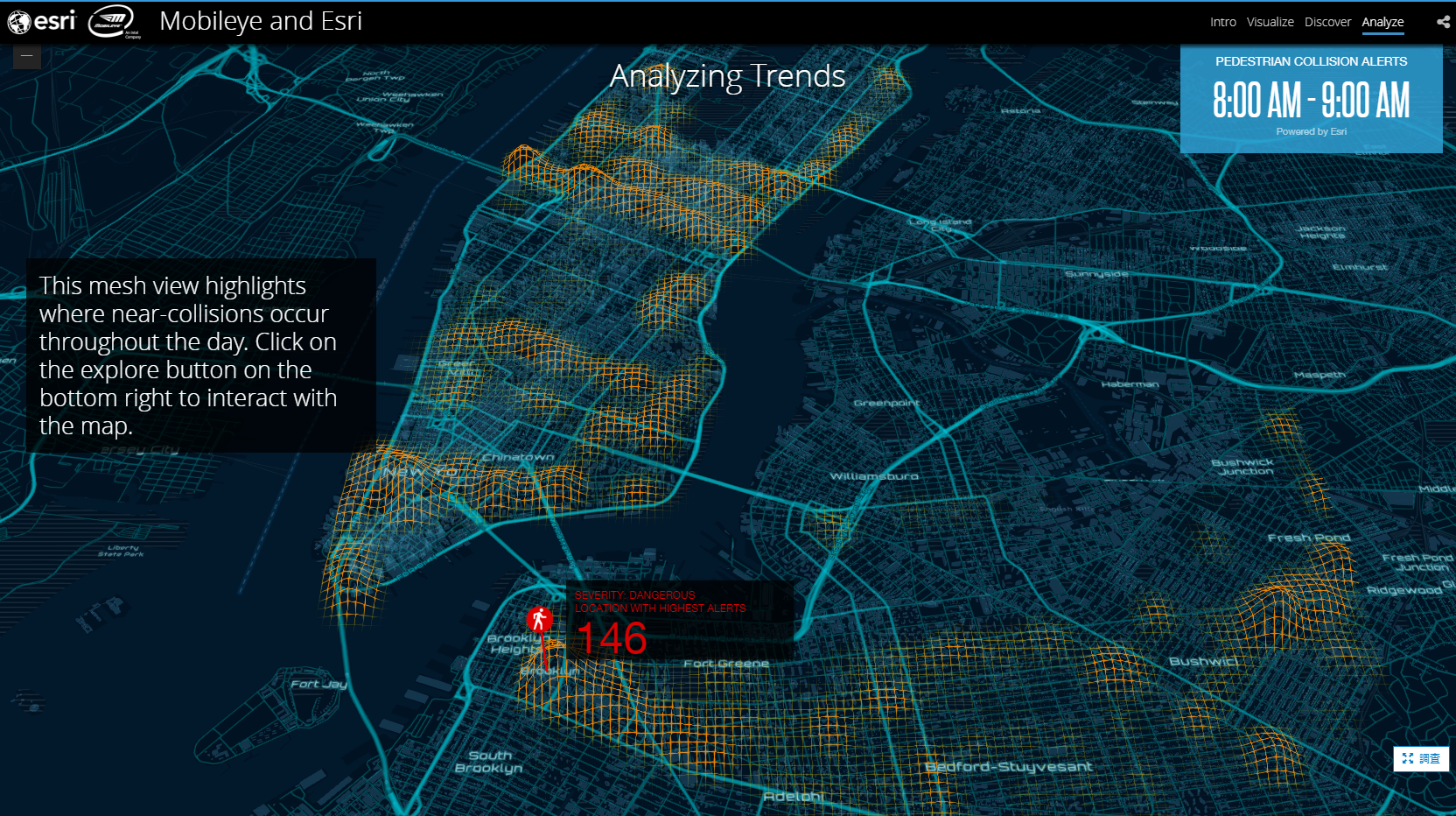 衝突警告が発生している場所を時間帯毎に表示し、事故が発生しそうな地域を特定