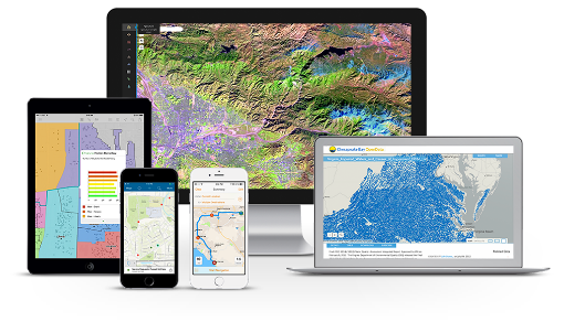 ArcGIS Online や ArcGIS Pro を含む製品の機能をPCやタブレット、スマートフォンで体験できる様子を示す、21日間の無償トライアル紹介用のデバイス画像