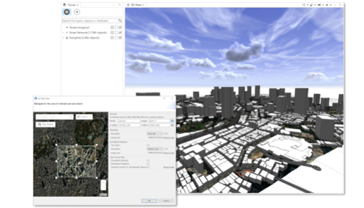 ArcGIS CityEngineの操作画面。3D都市モデルが表示されたメインウィンドウと、下部に都市範囲を選択する地図と設定パネルのウィンドウが重ねて表示されている