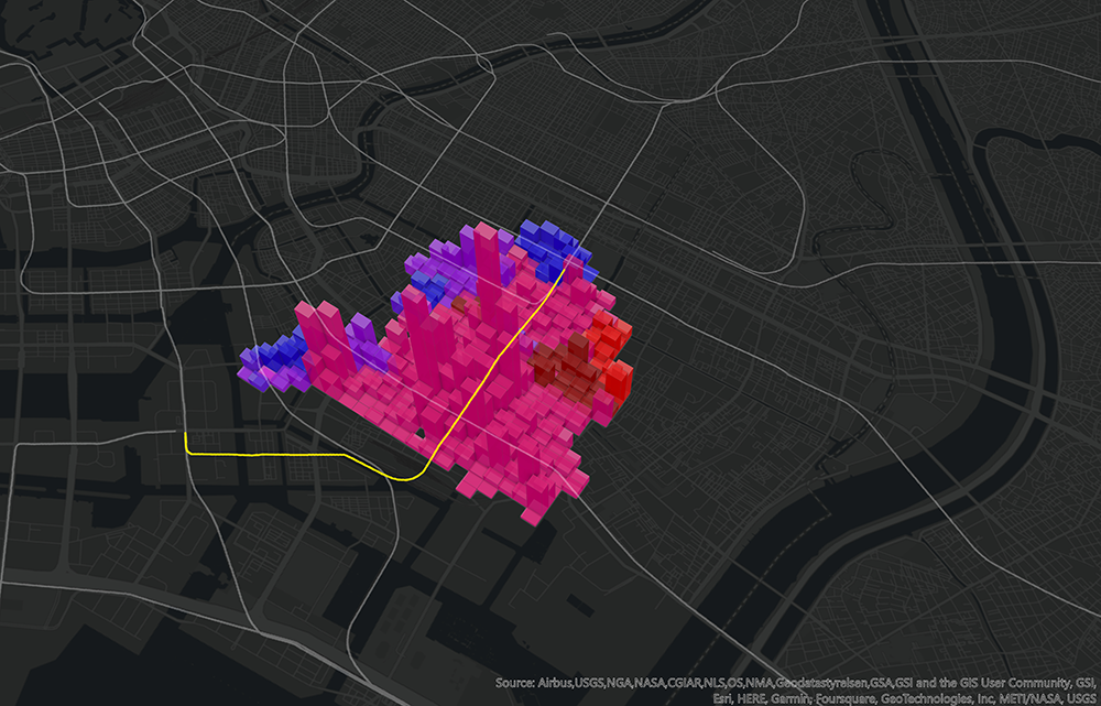 鉄道路線周辺の避難経路の選択肢・移動時間・到達可能範囲を比較した分析図。