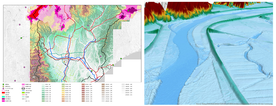 共有している流域環境の基礎データ（左）および地形の起伏を強調した 3D マップ（右）