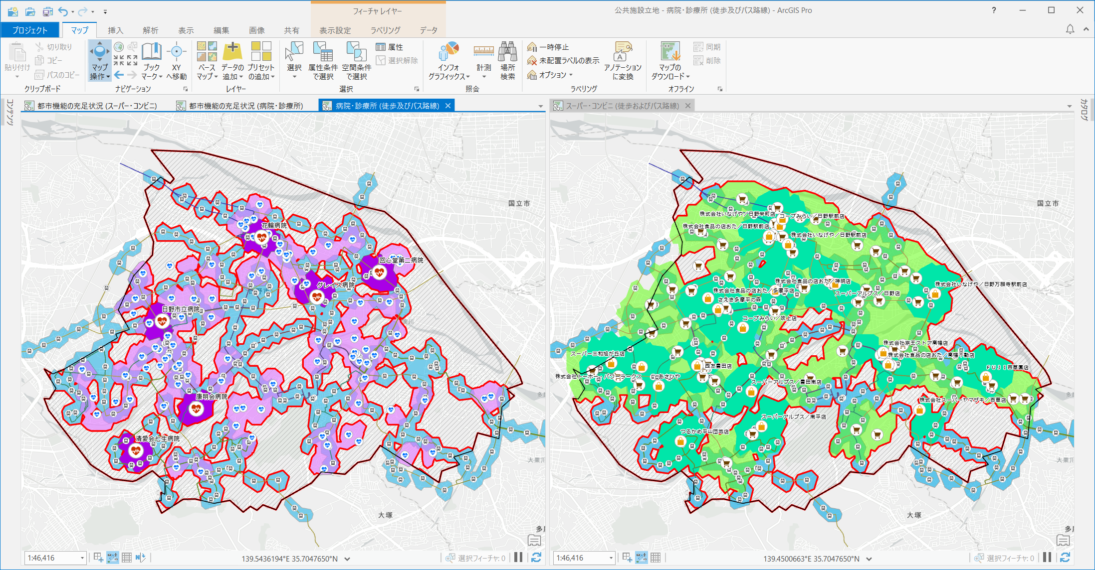 生活圏分析（スーパー・コンビニ / 病院とバス停）