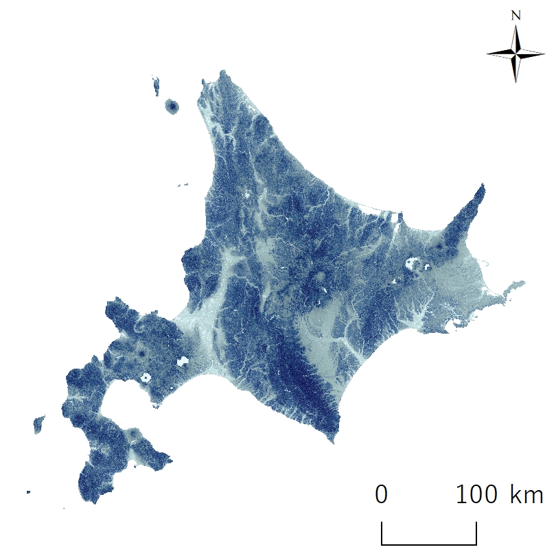 図 1 地貌図（北海道）
国土地理院の基盤地図情報
数値標高モデル（10m メッシュ）を使用して作成。