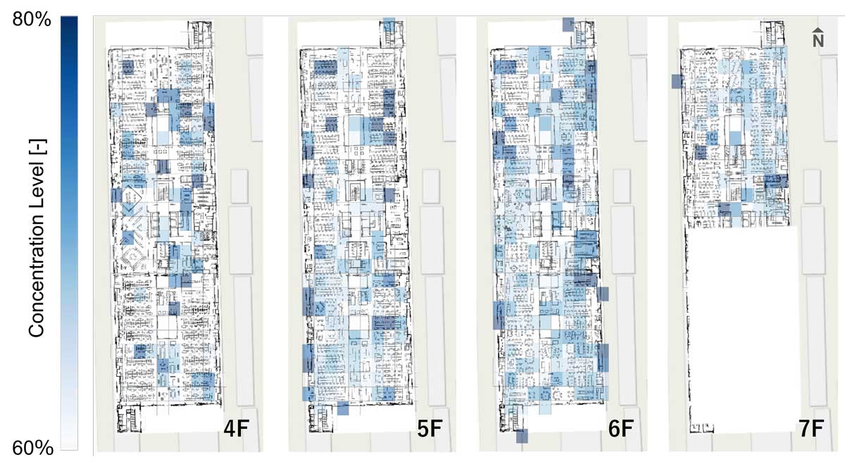 出力例:オフィス空間における集中度のヒートマップ