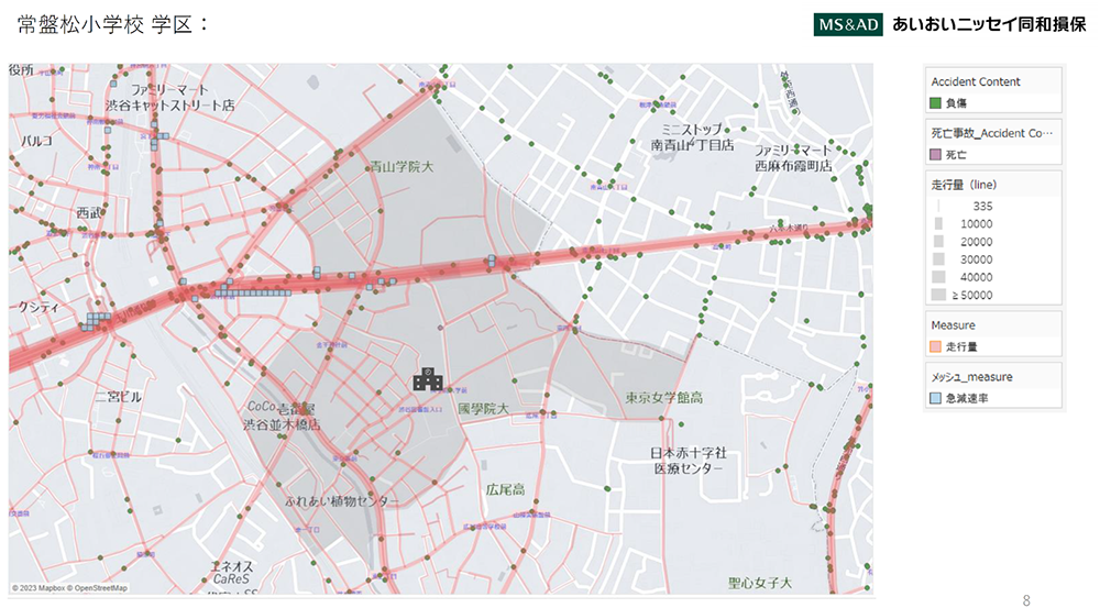 小学校周辺の走行量・事故発生地点分析（渋谷区）