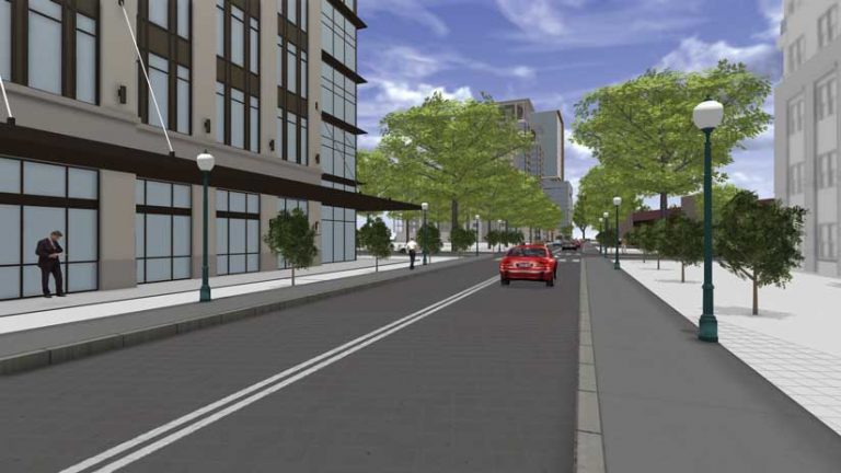 ArcGIS CityEngine で道路や建物を自動生成したのち、街路樹や街灯、人そして車を加えて街並みのように見せた