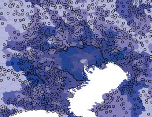 図：郵便局バッファ半径1km圏内
(東京、関東、南関東)