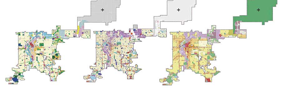 分析に使われた3つの主要なベースデータレイヤ。左から順に、デンバーのコンセプト土地利用草案、現在の土地利用状況、古いゾーニングコード。