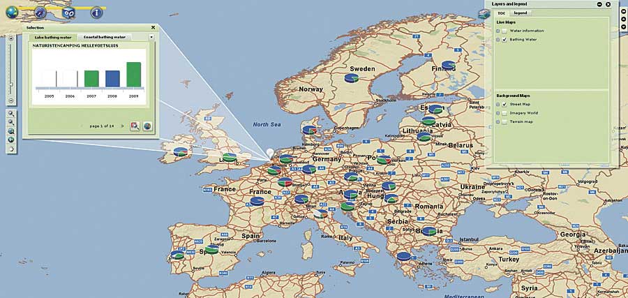 EEAの公開データの一例：ヨーロッパ中の海水浴場の
水質情報や動向を国別、時系列ごとに調べられる。
