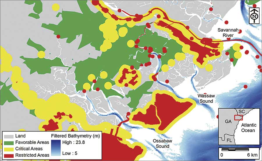 水深によってフィルター処理を行い、潮力発電の候補地を示した図。制限区域（赤）、危険区域（黄）、適合区域（緑）。