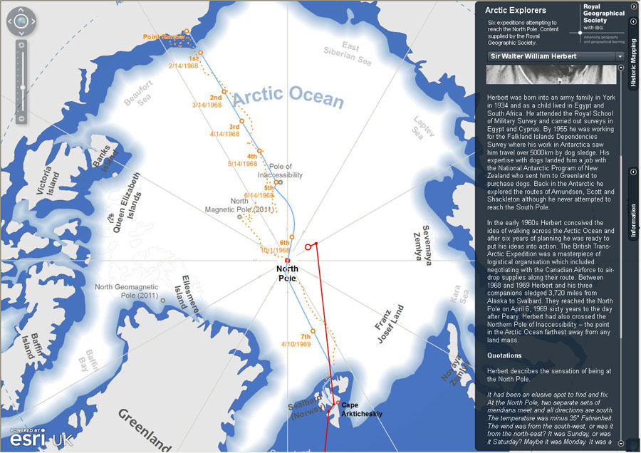 王立地理学協会提供のこの歴史的地図は、ウォリー・ハーバートが北極点を目指して歩いたルートを示す。