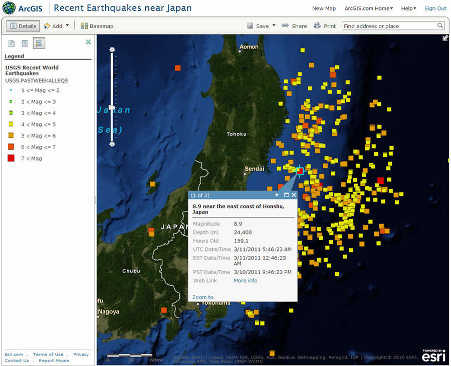 図2.ArcGIS Onlineを使い、東北地方で発生した地震群を表示したマップ。オンライン環境があれば、誰でも標準のウェブブラウザを使って個々の地震をクリックし、詳細を見ることができる