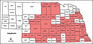 2008年5月28日～6月29日、暴風雨を受けて被災し、大統領による非常事態宣言が発せられたネブラスカ州。