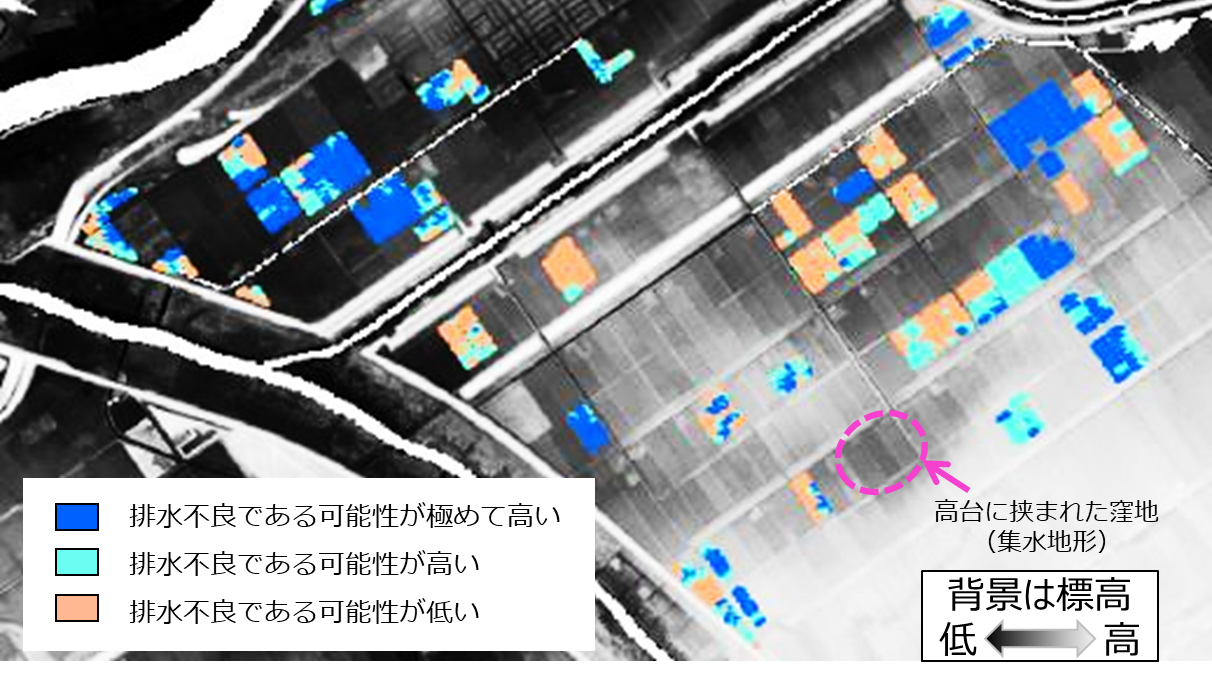 過去 2 ヶ年の衛星画像を用いた排水不良地点の抽出
航空レーザー測量 DEM5A（国土地理院）を加工して作成