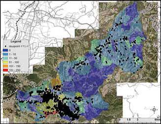 図２ 同意書提出者居住地点と自治会別提出者数の主題図