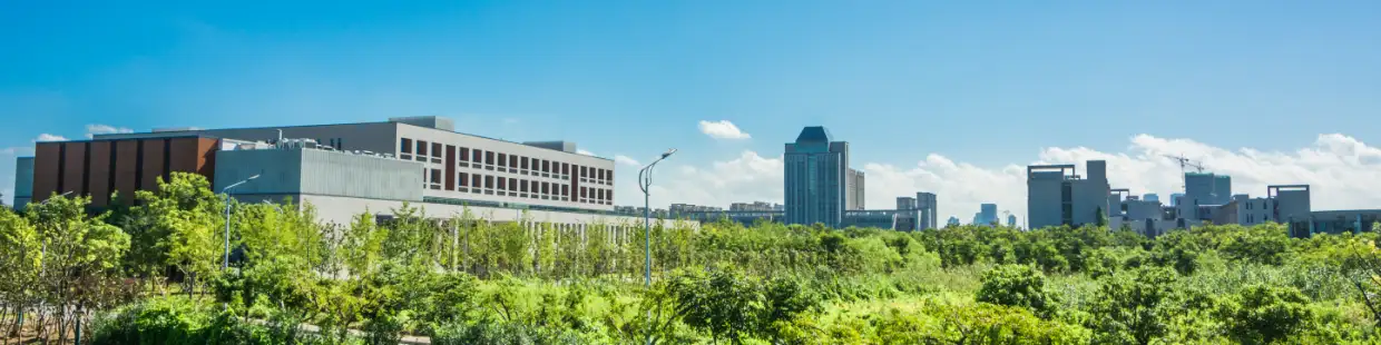 自治体の施設群を示す風景。青空の下、街路樹や緑地が整備された敷地内に複数の公共建築物が建ち並び、周囲には都市的なビル群が広がっている。市庁舎や区役所など、都市機能の中核を担う行政施設の配置と、それを取り巻く生活環境の調和を視覚的に伝えている。