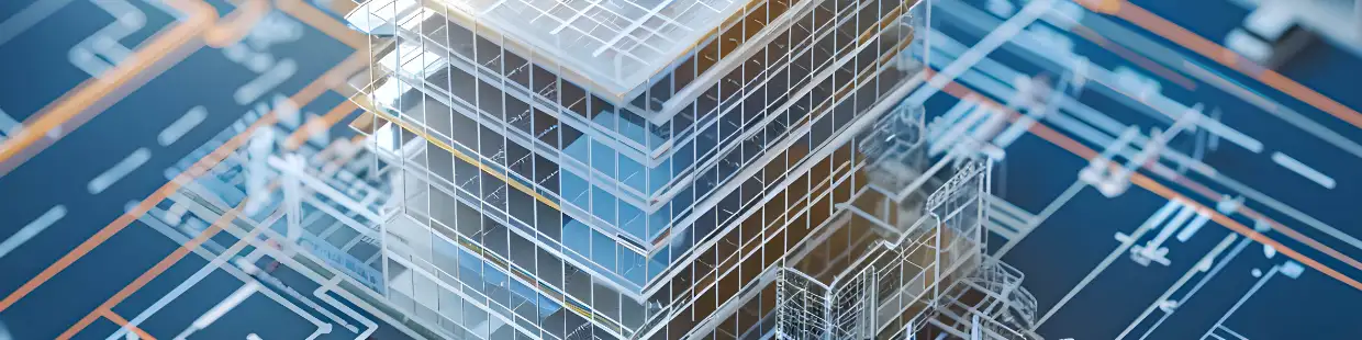 設計図の上に3Dで重ねられた高層ビルの建築モデルを中心に構成された画像。建物の外壁、内装、配管、電気配線などが透明なレイヤーで表示され、構造体の各要素が視認できる。BIM（ビルディング・インフォメーション・モデリング）や都市計画、土木工学におけるデジタル設計支援の概念を視覚化している。