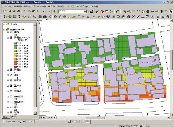 建物群の減衰効果を考慮した騒音予測結果平均的なLAeq