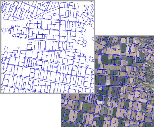 筆ポリゴン（青線）［左図］ およびオルソ画像
（国土地理院の地理院タイル）に筆ポリゴンを
重ね合わせたイメージ［右図］