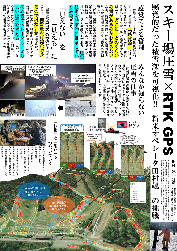 スキー場圧雪 × RTK GPS 感覚的だった積雪深を可視化 !!
新米オペレータ田村颯一の挑戦