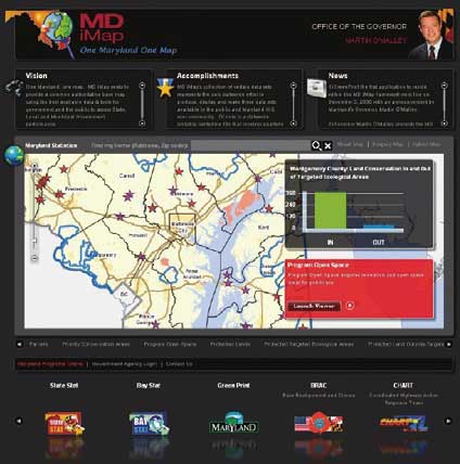 MD iMAPのホームページ。中央はモントゴメリー郡の環境保全地域の周辺地図。
