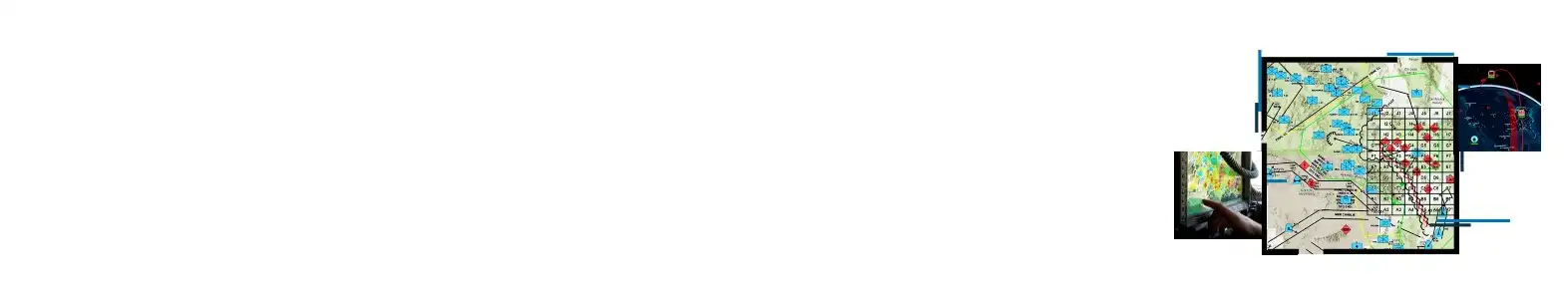 地図上に軍事拠点や作戦ルートを示した戦術マップを中心に、航空写真、レーダー、衛星情報など複数の防衛関連GIS情報を重ね合わせて可視化した防衛・安全保障の活用イメージ。