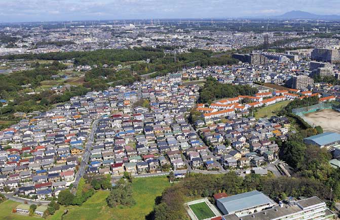 流山市上空から市街地を望む