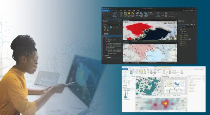 地図を表示するノートパソコンを操作する女性が左側に配置され、右上にはArcGIS Proの2つの画面キャプチャが表示されている。上段は赤と黒の地図、下段はヒートマップやチャートが組み合わされた地図で、空間解析の結果が示されている。