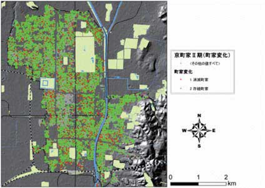 京町家の分布と消滅した町家（赤が消滅した町家）