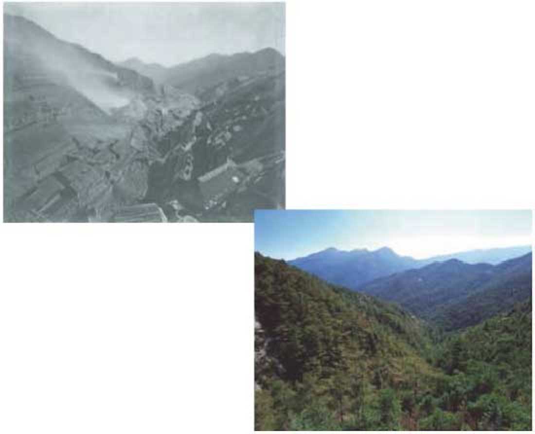 (左図) 別子銅山の旧精錬吹処之図。精錬と過剰な伐採により荒れた山林。(1881年）
(下図) 左の写真と同じ場所の現在の社有林。大造林計画と先人の努力により、豊かな自然がよみがえっている。