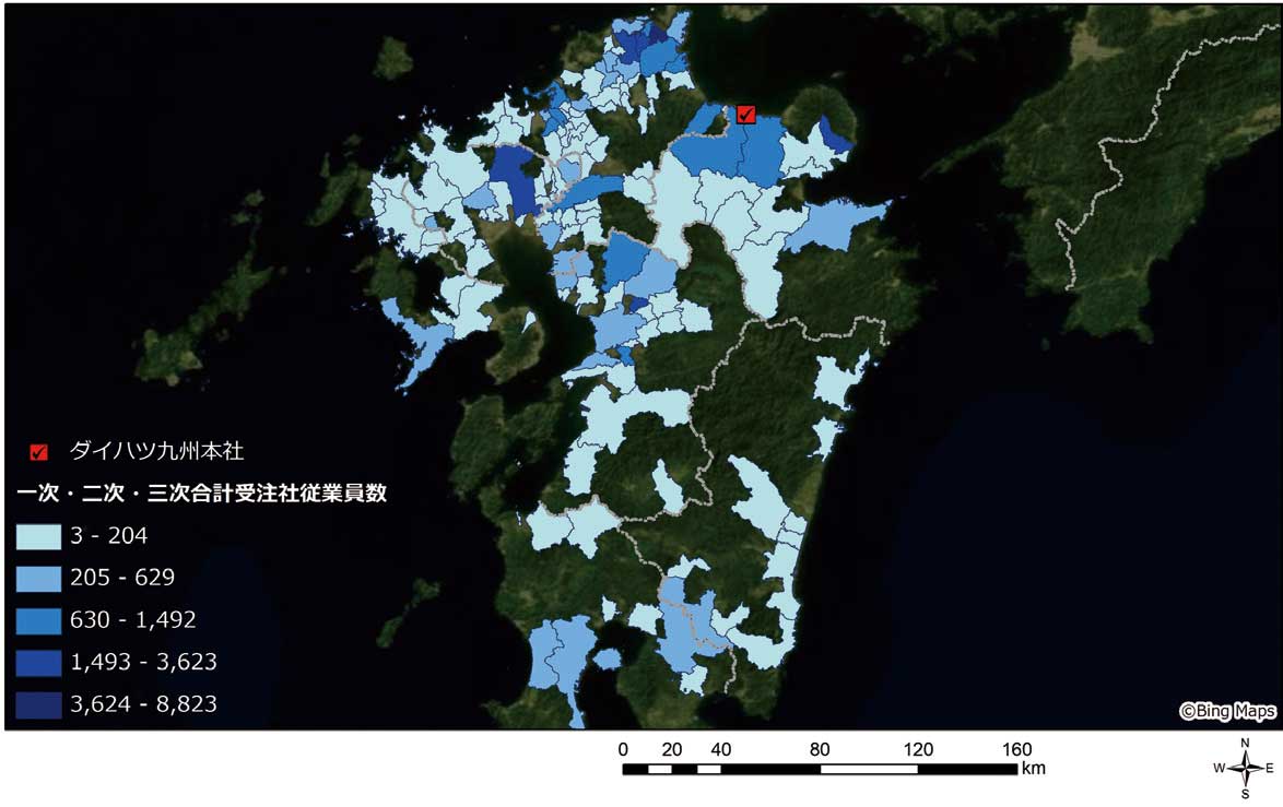 ダイハツ九州の取引先(一次・二次・三次)従業員数の市区町村別集計