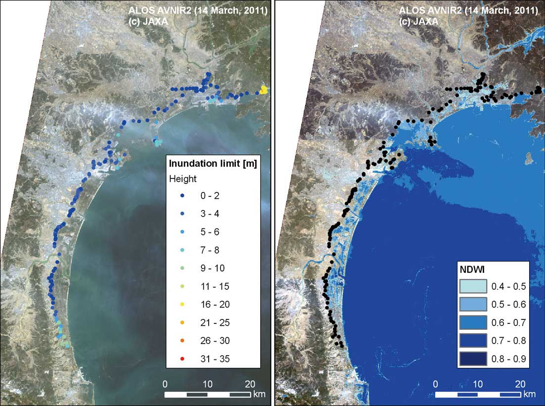 図1 左：現地調査による津波浸水範囲の測定点、右：ALOS AVNIR-2画像のフィルタ処理により得られた浸水域（水色部分）。ArcGIS Spatial Analystのバンド演算機能を用いて計算した。