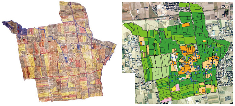 図3 観音寺集落の土地利用変化の分析（「観音寺村検地絵図」徳島城博物館蔵）