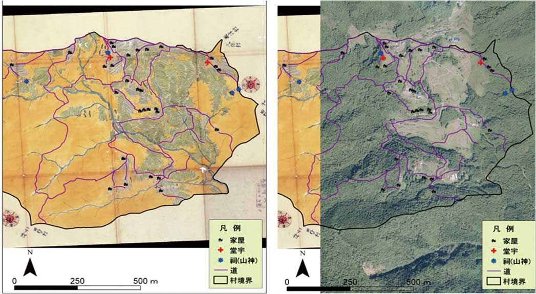 図5 「勝浦郡樫原村分間絵図　控」と空中写真の重ね合わせ
空中写真は徳島県農山村整備課提供