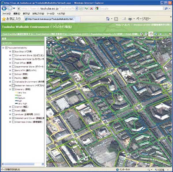沿道の緑の多さをWebGISで表示。集合住宅地区は多めに植樹がされている。