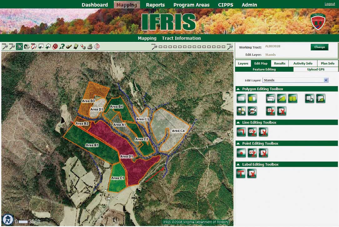 植生群をデジタル化し、色分けした分類マップとして表示したIFRIS Web。
ArcGIS Serverで作られ、複数のジオデータベース編集ツールを提供する。これにより林務官は、植生群やそれに関連する項目をデジタル化することができるようになった。