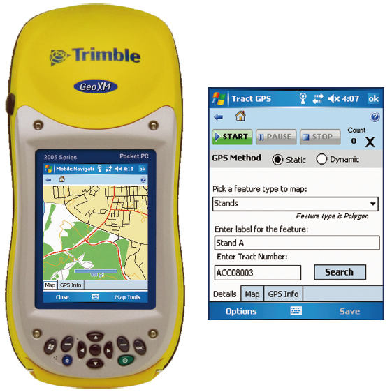IFRIS Mobile（右）は現場のユーザにGPSのポイントや様々なフィーチャの属性を集める簡単なインタフェースを提供する。ArcGIS Mobile（左）は、道案内やフィーチャ確認のためのマップを提供するのに使われる。